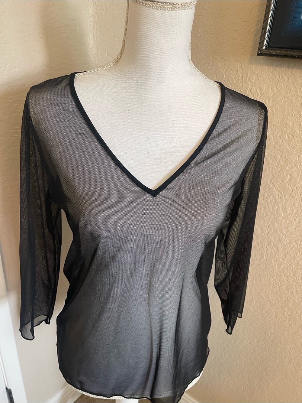 Sheer V-Neck Black Women's Top